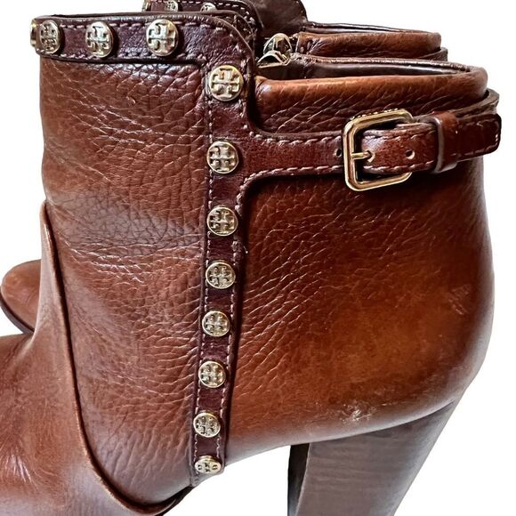 Tory Burch Mae Brown Leather Studded Ankle Boots - Picture 3 of 12